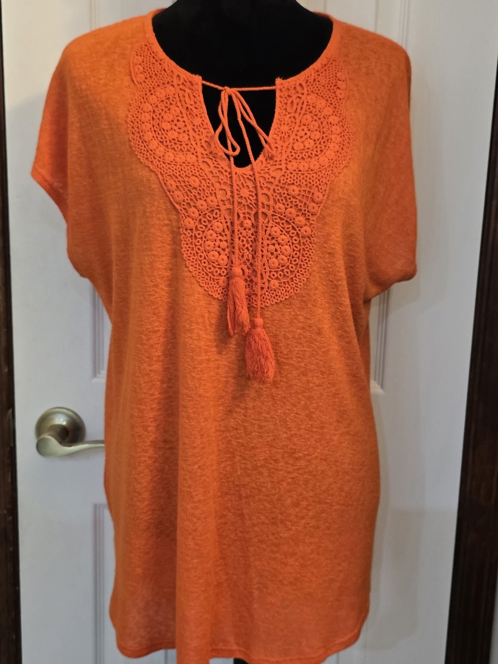 Bobeau Top XL Orange Crochet Lace Yoke Tassel Tie Boho Tunic Short Sleeve